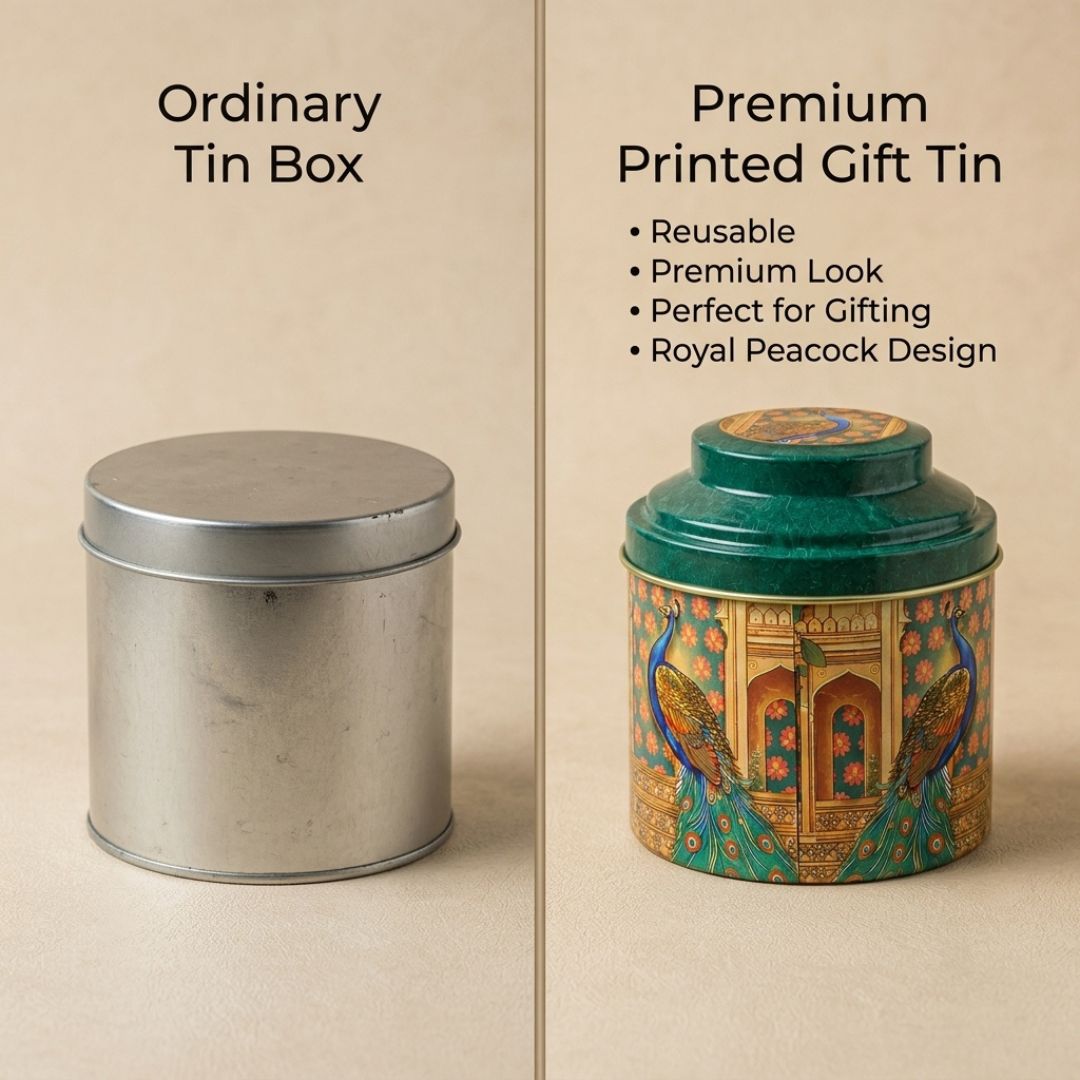 Pack of 6 Peacock Printed Metal Tin Box with Lid – Premium Gift & Dry Fruit Packaging Box