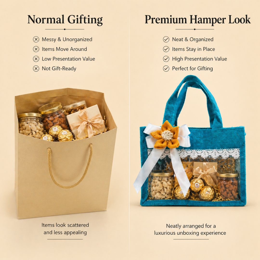 (Set of 5)Premium Teal Jute Gift Basket with Transparent Window & Lace Decor| 8 x 10 Inch Sizes)