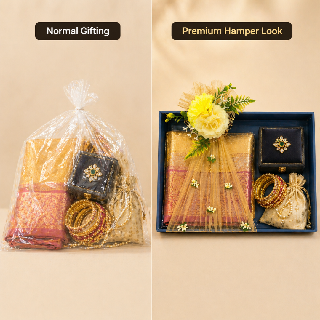 (Set of 3)Premium Navy Blue Ready-to-Use Gift Tray with Yellow Net & Floral Decor (16 x 12 Inch) - Adscraft.in