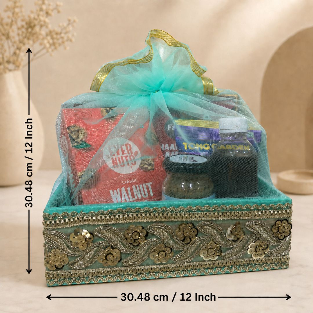 Set of 3-Turquoise Silver Embroidered Wedding Hamper Basket  Set