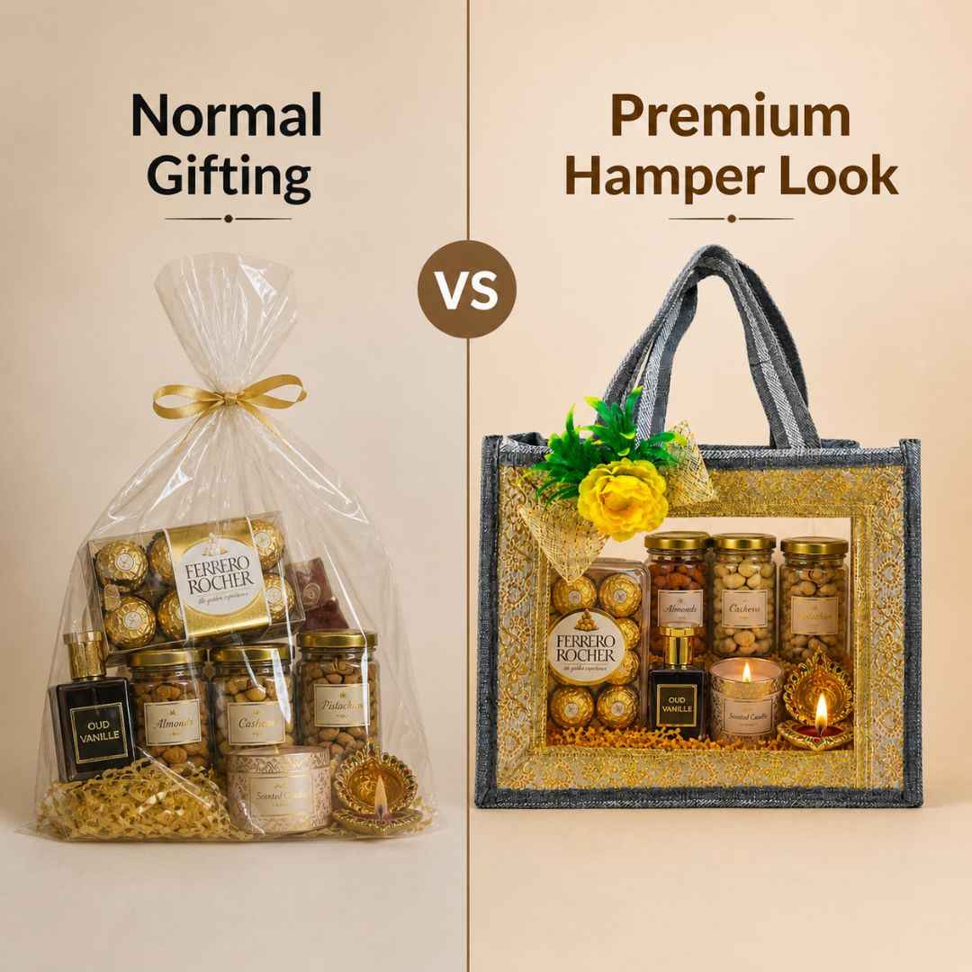 (Set of 5)Premium Grey Transparent Jute Gift Bag with Golden Lace Frame & Floral Decoration (10 x 14 Inches)