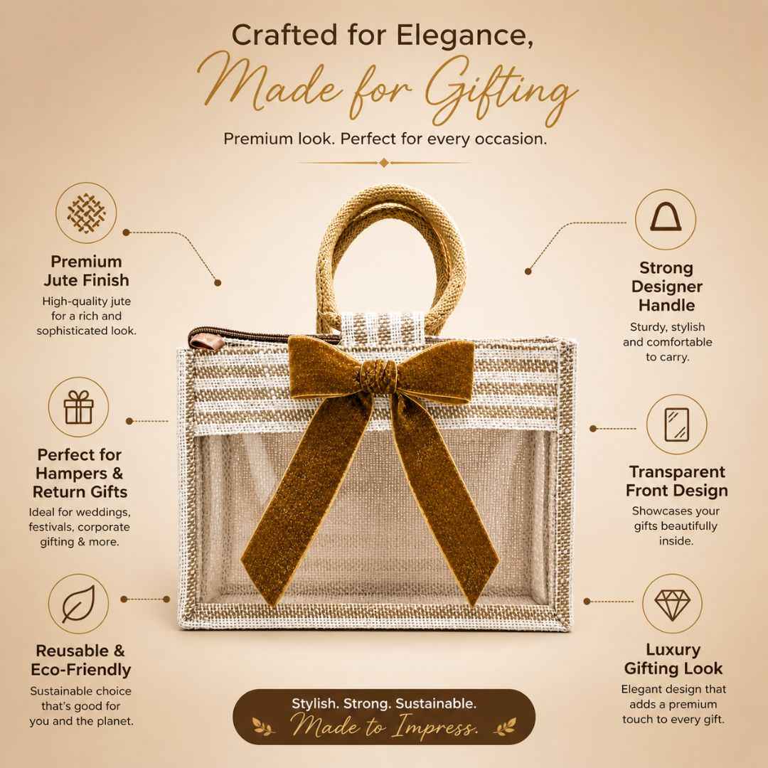 (Set of 5)Premium Jute Gift Bags with Transparent Window & Golden Bow – 12 x 15 Inches