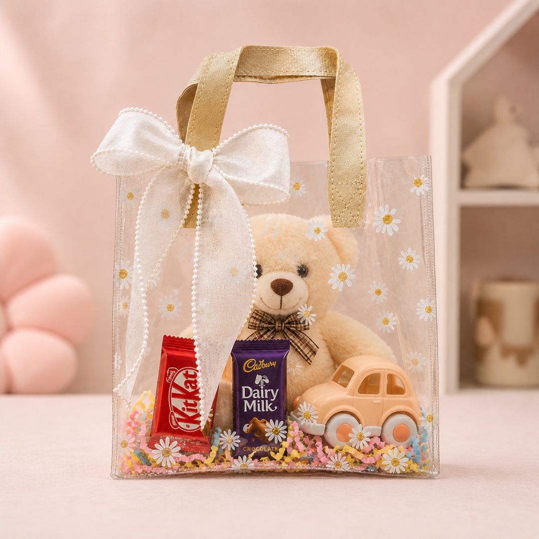 (Set of 5)Premium Transparent Floral Gift Bag with Bow Handle – 10 Inch x 14 Inch Sizes