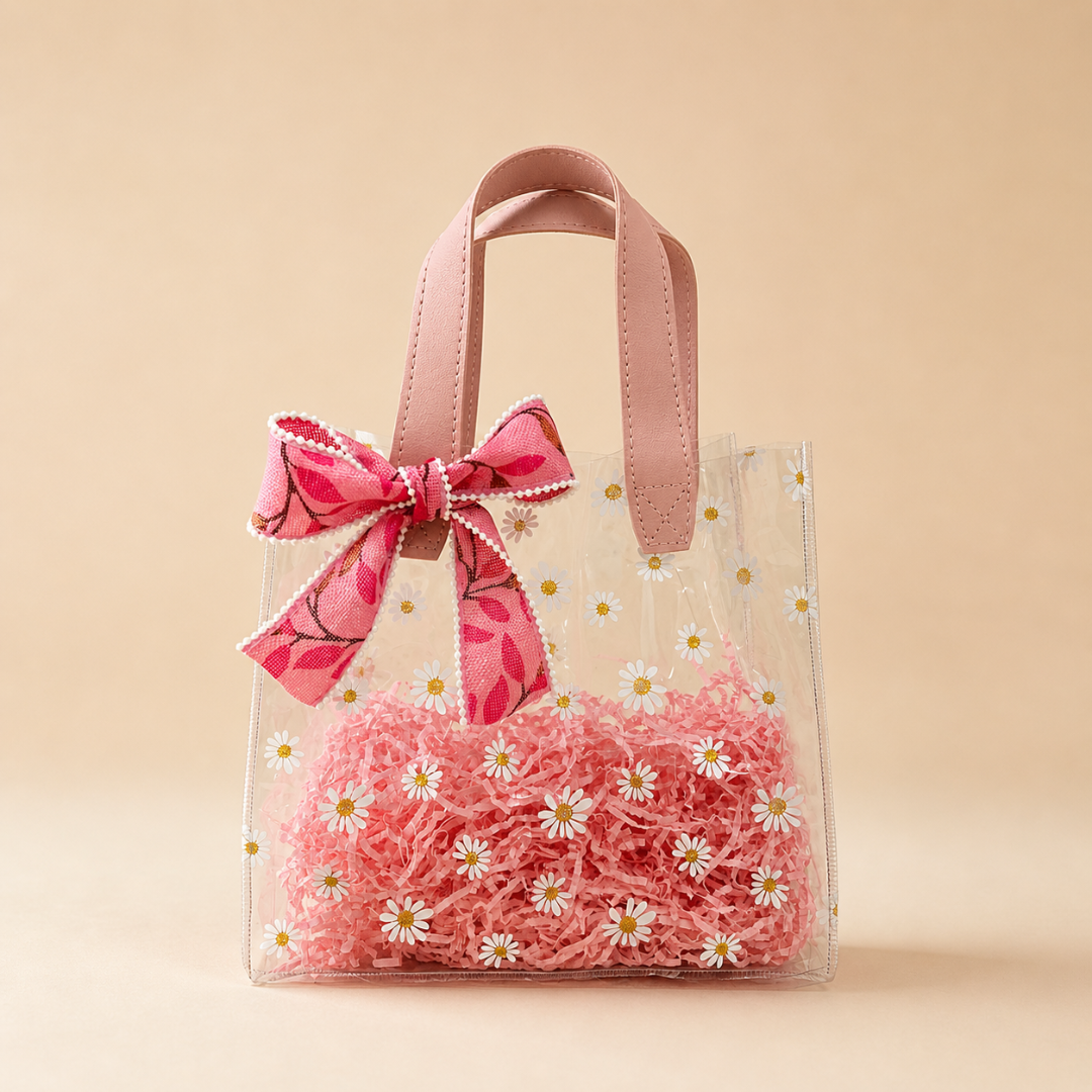 (Set of 5)Premium Transparent Floral Gift Bag with Bow Handle – (10 x 14 Inch)