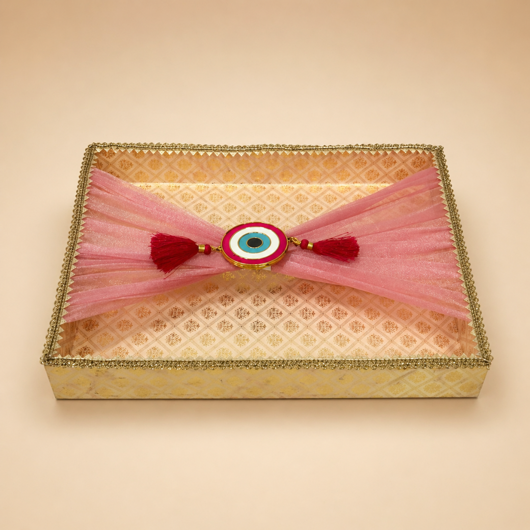(Set of 2)Premium Evil Eye Net Gift Tray (16x12 & 14x10 Inch) – Pink Fabric Finish with Tassel Decor - Adscraft.in
