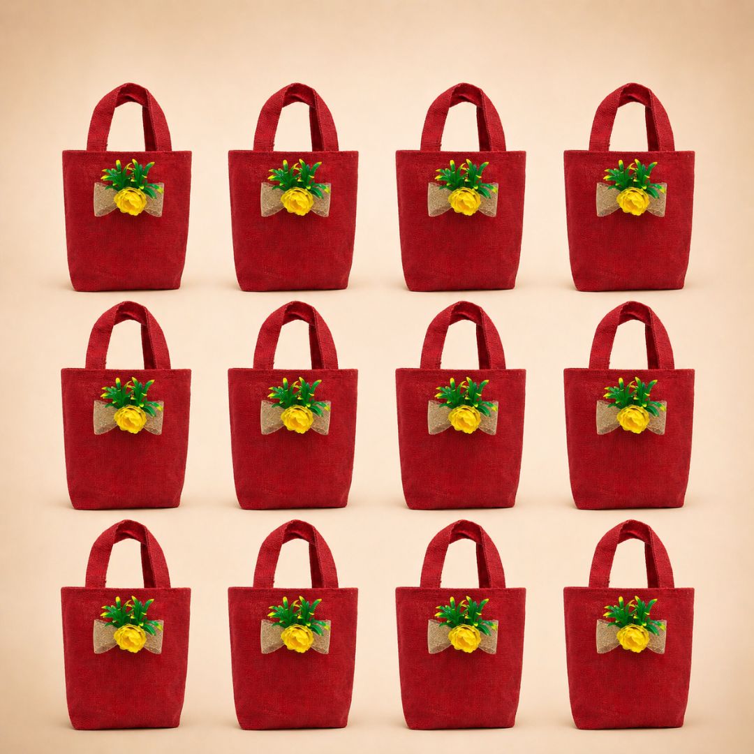 (Set of 5)Premium Red Jute Gift Bag with Floral Bow – Reusable Hamper Bag