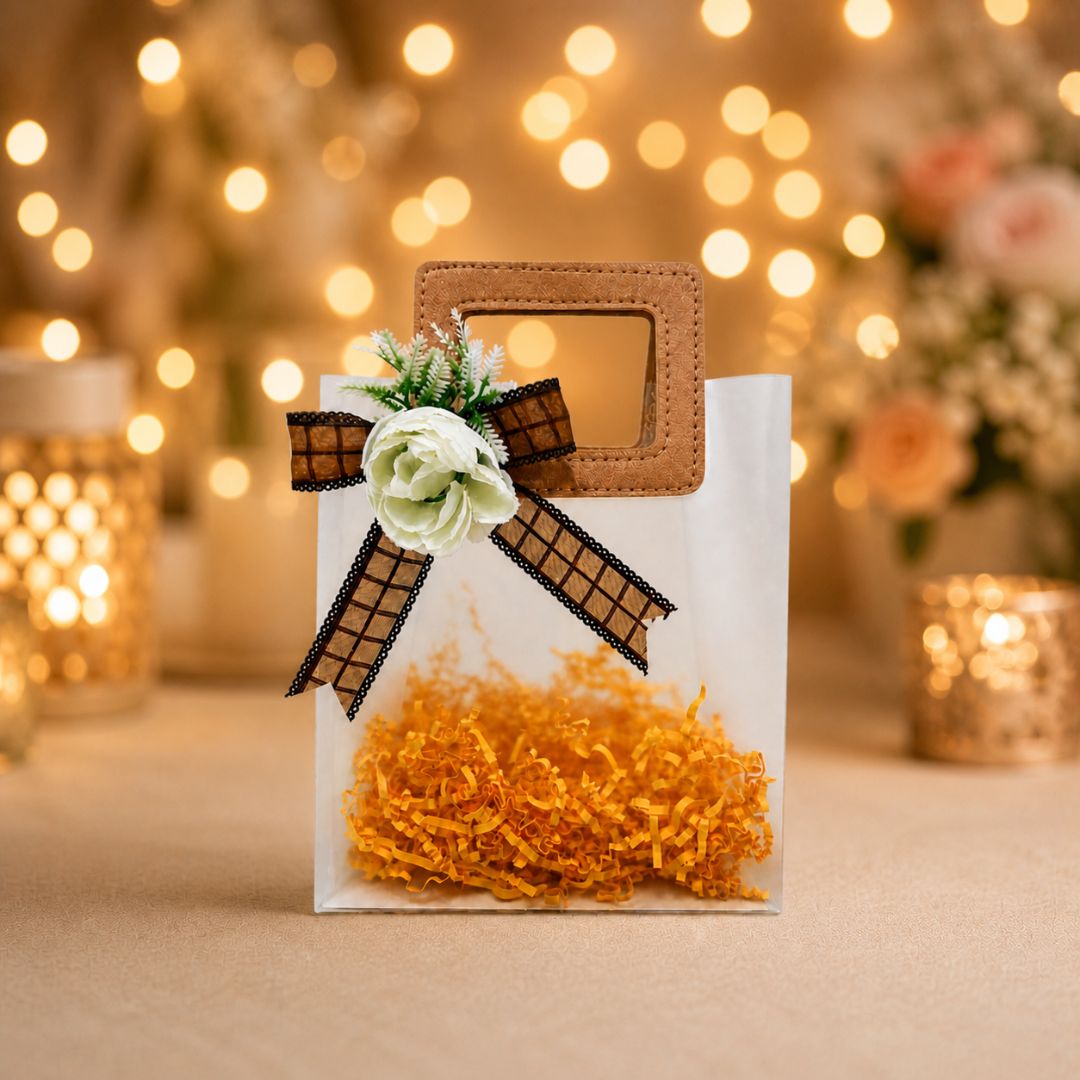 (Set of 5)Premium Frosted Gift Bag with Wooden Handle & Floral Bow – (6.5 x 9 Inches)