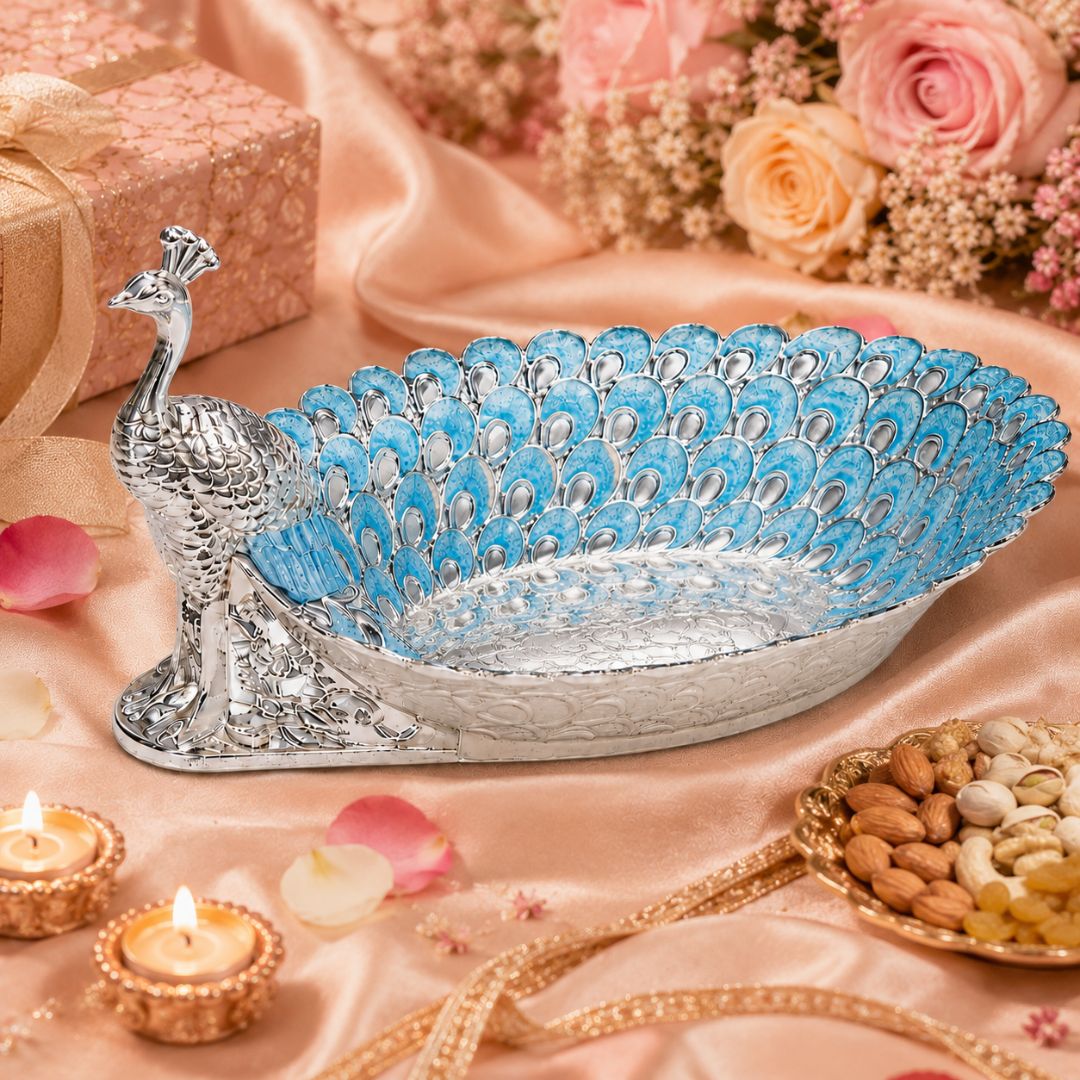 Peacock Design German Silver Dry Fruit Tray – Blue Enamel (8 Inch) - Adscraft.in
