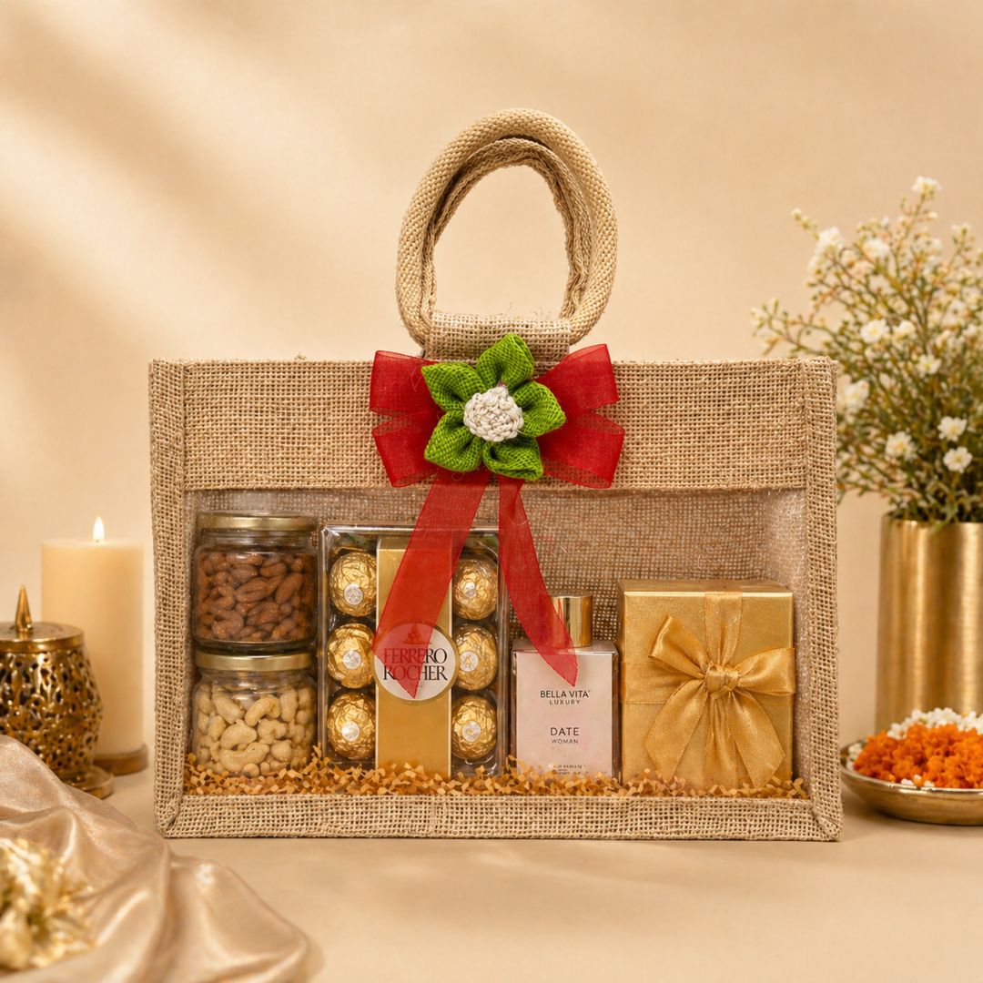 (Set of 5)Premium Jute Window Gift Basket with Handle & Floral Ribbon – 10 x 8 Inches