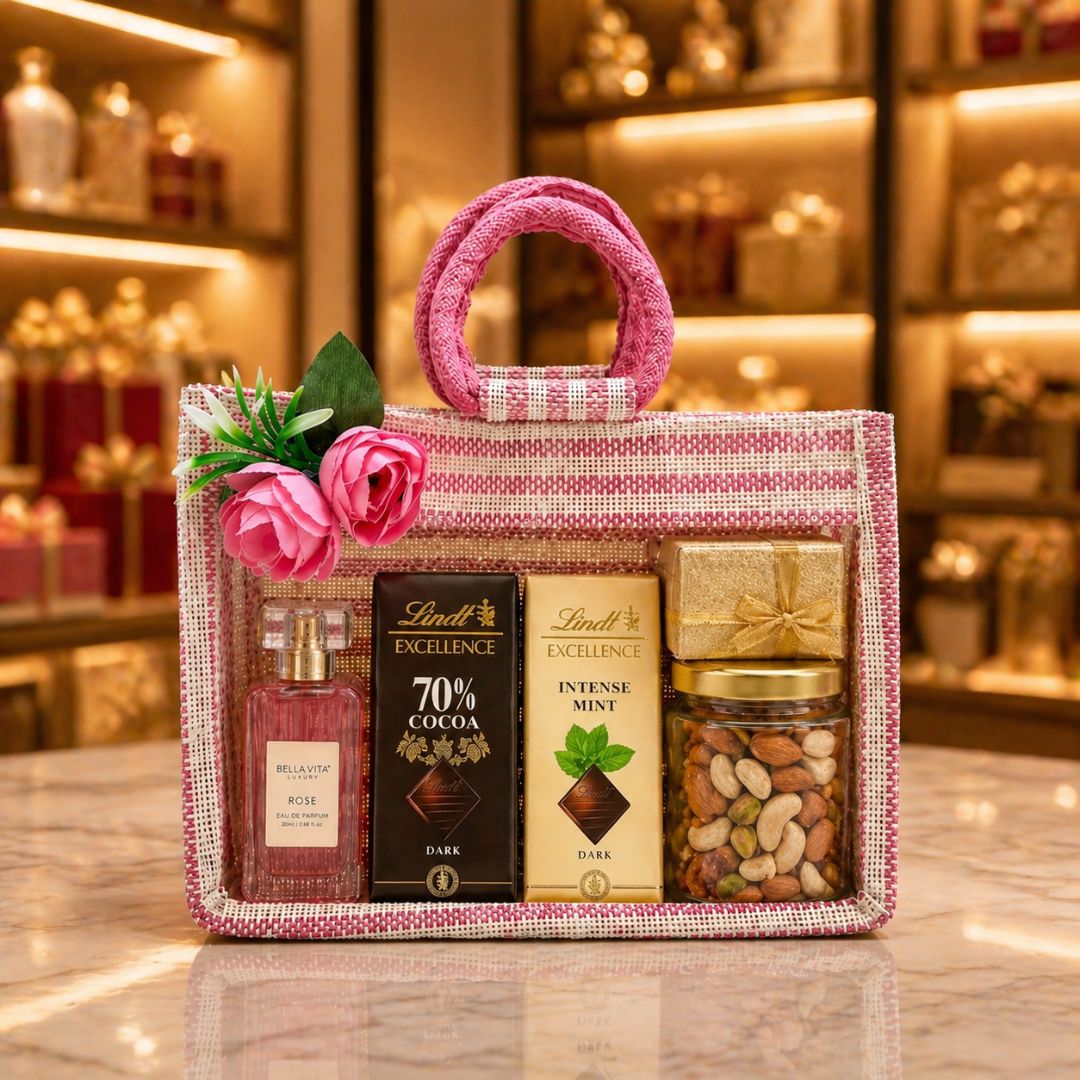 (Set of 5) Premium Pink Jute Gift Bags with Floral Decoration & Handle (11 x 12 Inch) – Wedding Return Gift & Hamper Packaging