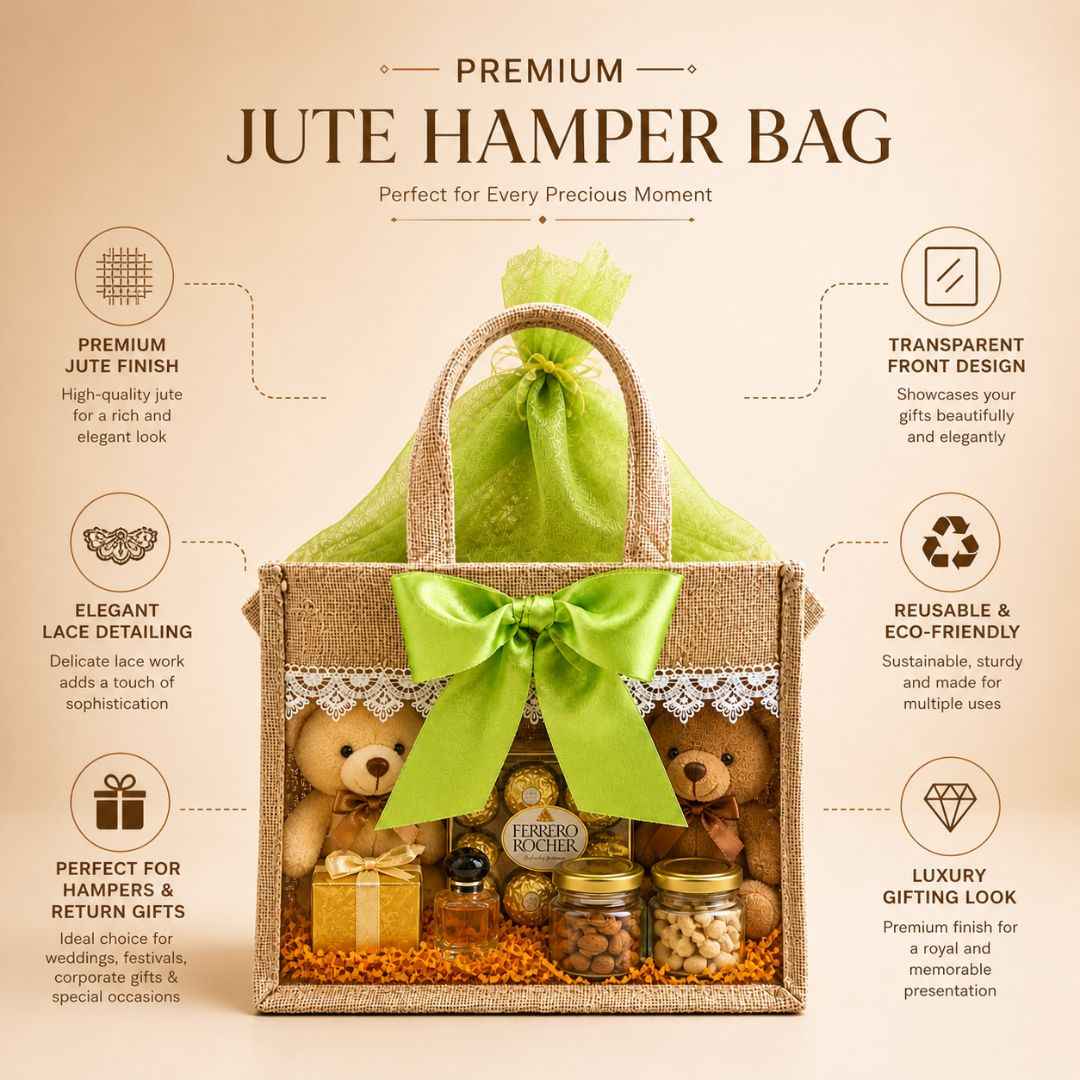 (Set of 5)Premium Jute Gift bags with Transparent Window & Green Bow – 12 x 15 Inches