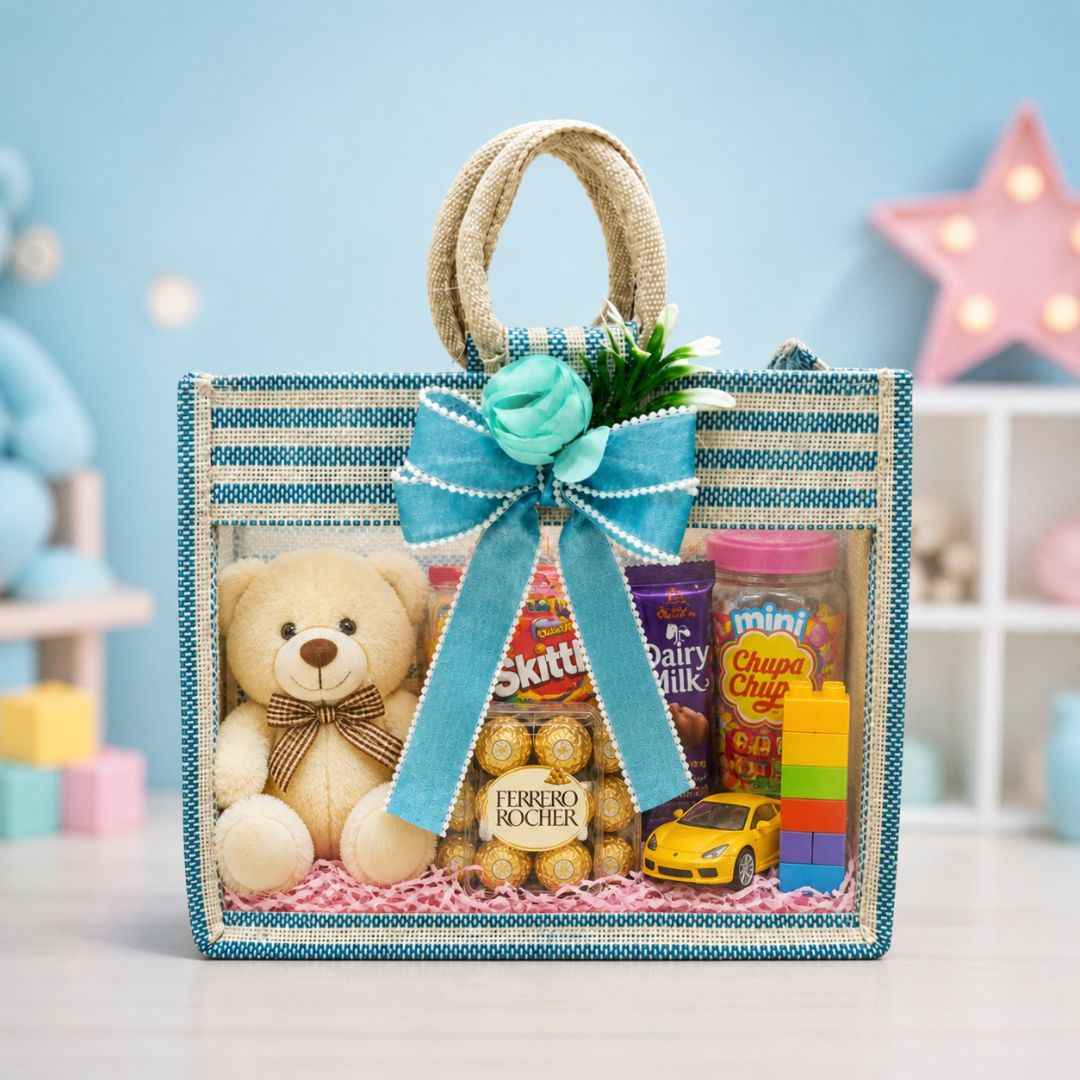 (Set of 5)Premium Blue Striped Jute Gift Bag with Transparent Window & Floral Bow –  (12 x 14 Inches)