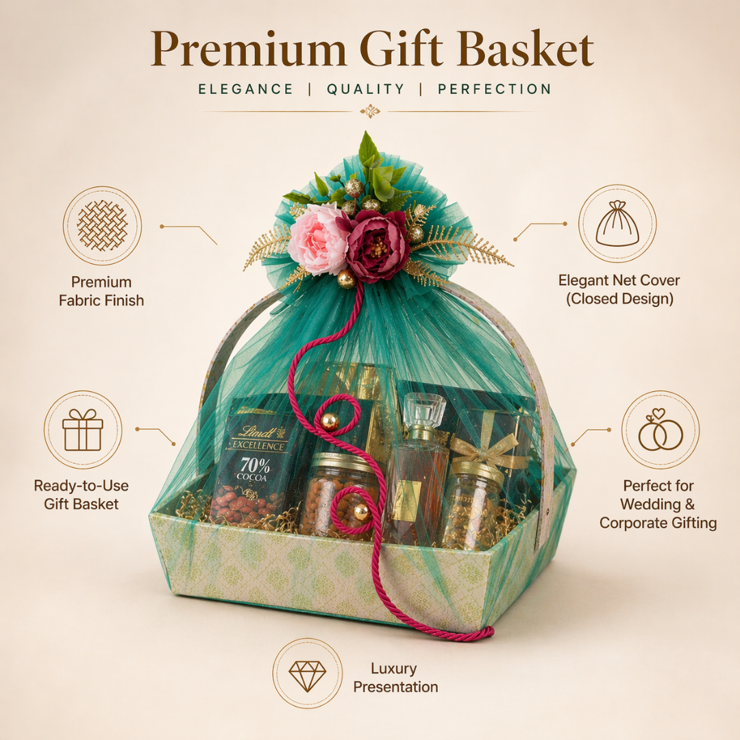 (Set of 3)Premium Mint Green Net Gift Basket with Floral Decor & Handle – 11 x 15 Inches