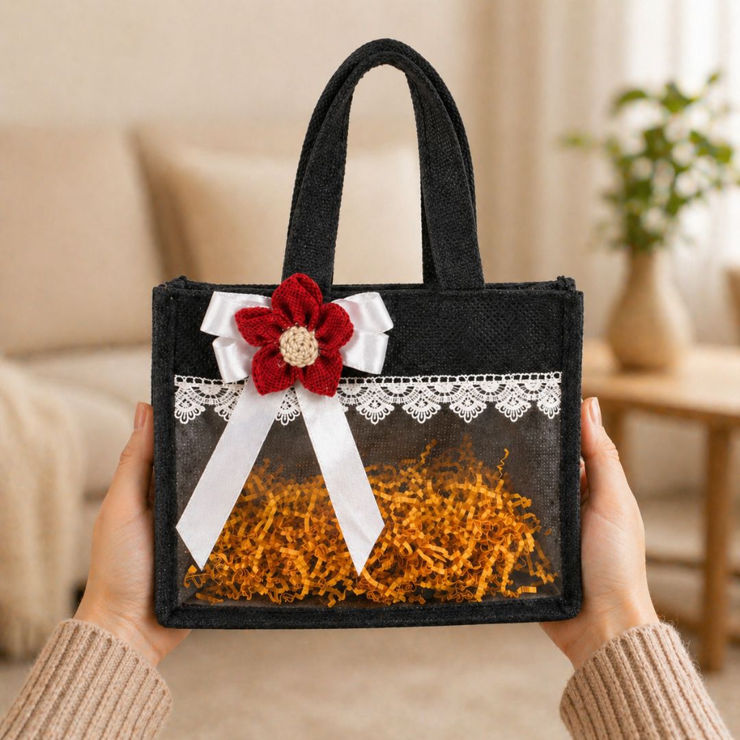 (Set of 5)Premium Black Jute Gift Basket with Transparent Window & Lace Decor | (8 x 10 Inch Sizes)