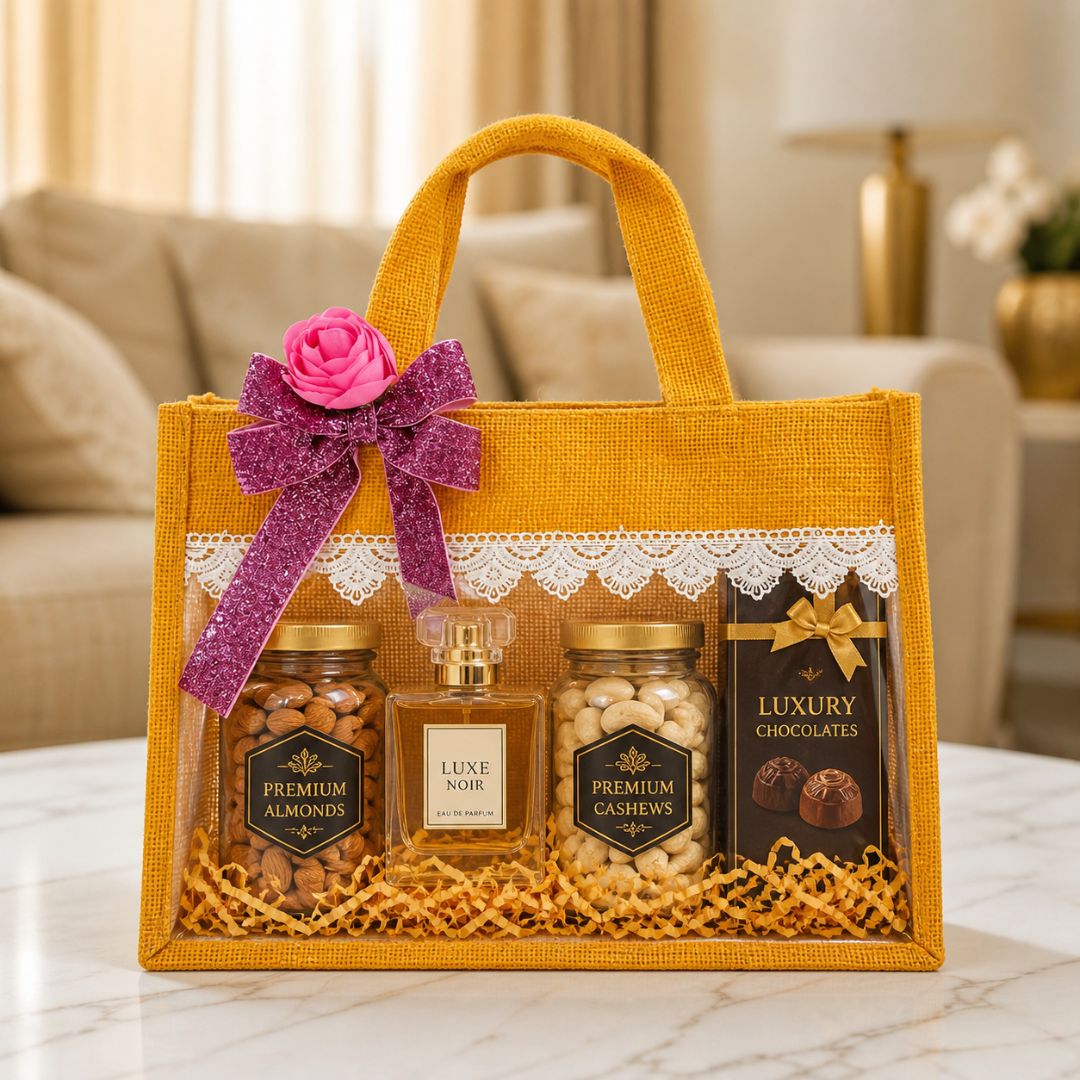 (Set of 5)Premium Jute Transparent Gift Bags with Lace & Floral Bow – 10 x 14 Inch Sizes