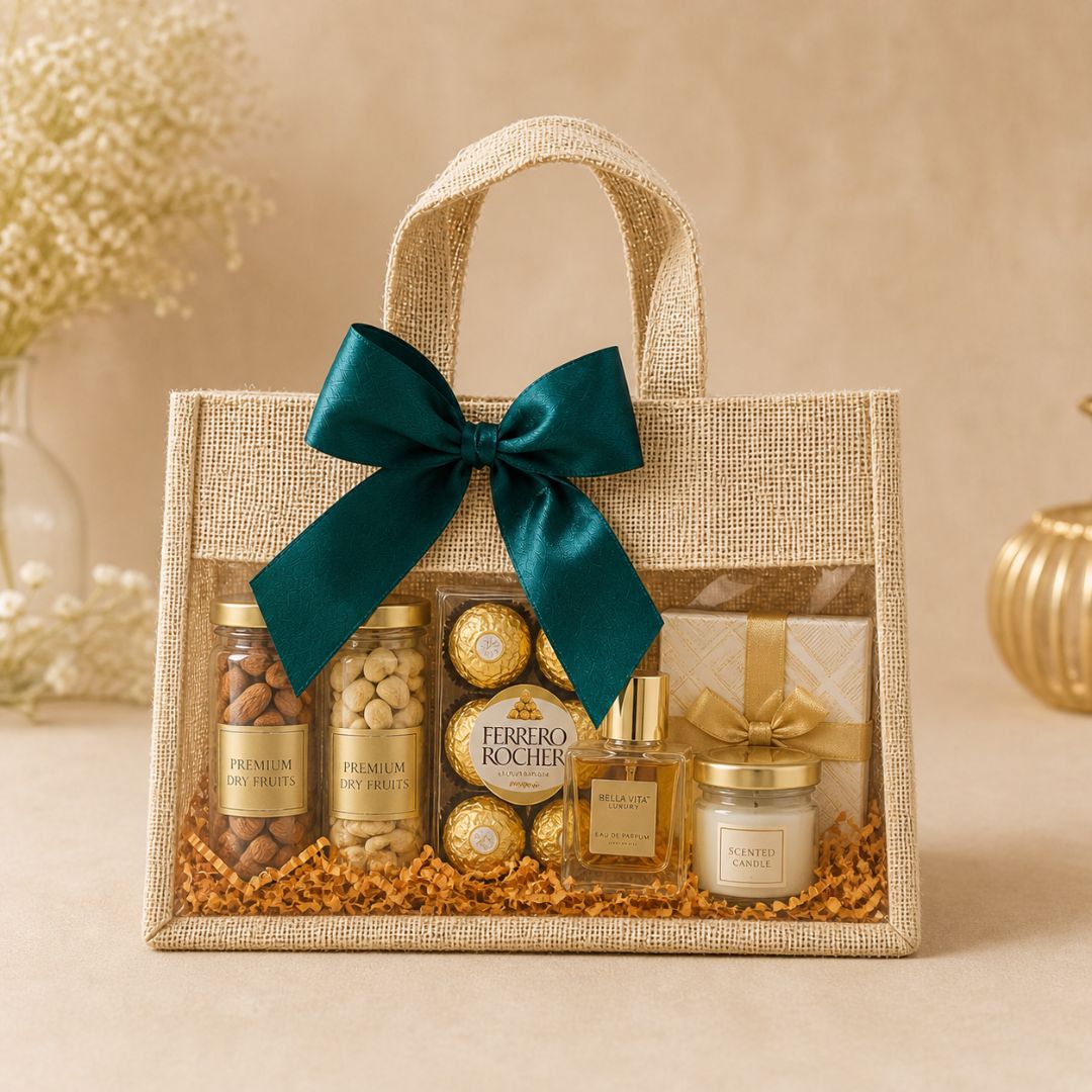(Set of 5)Premium Jute Gift Bags with Transparent Window & Satin Bow – (12 x 12 Inch)
