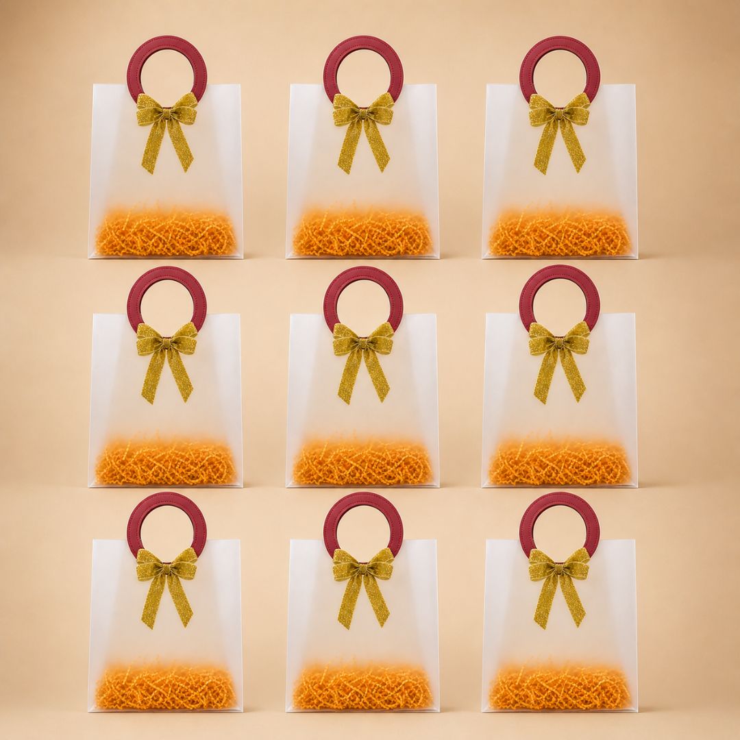 (Set of 5)Premium Frosted Gift Bags with Designer Ring Handle & Golden Bow –(7 x 10 Inch)