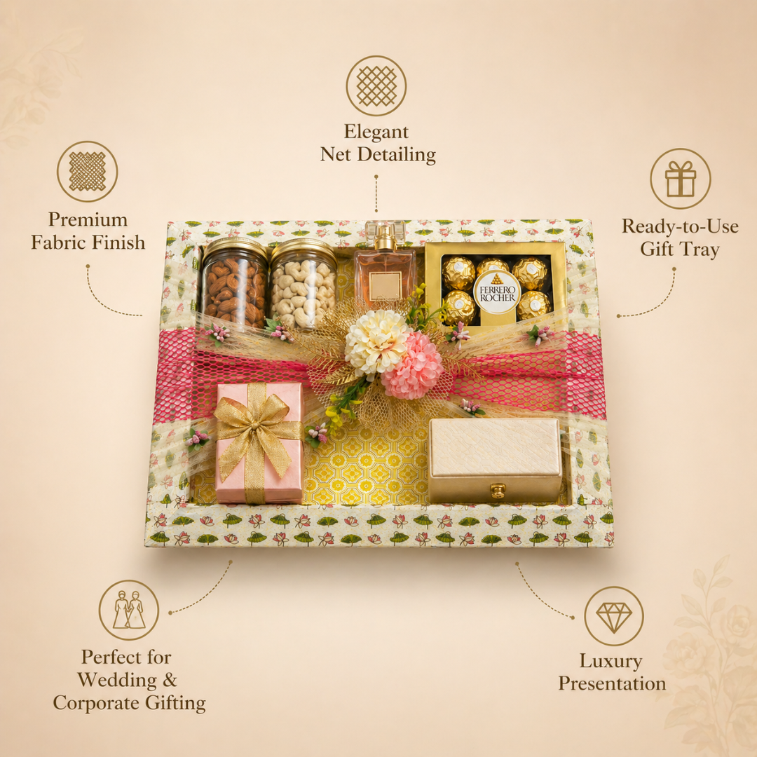 (Set of 3)Premium Floral Net Decorative Tray (18 x 14 Inch) – Yellow & Pink Wedding Hamper Tray