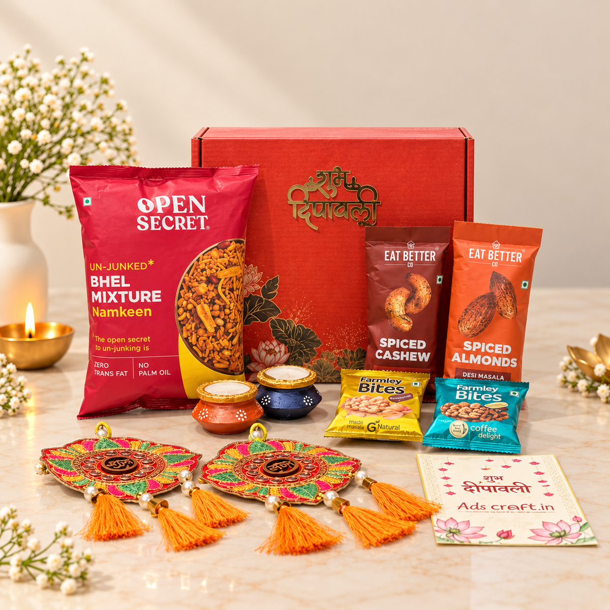 Premium red floral Diwali gift box with Happy Diwali acrylic and company logo branding