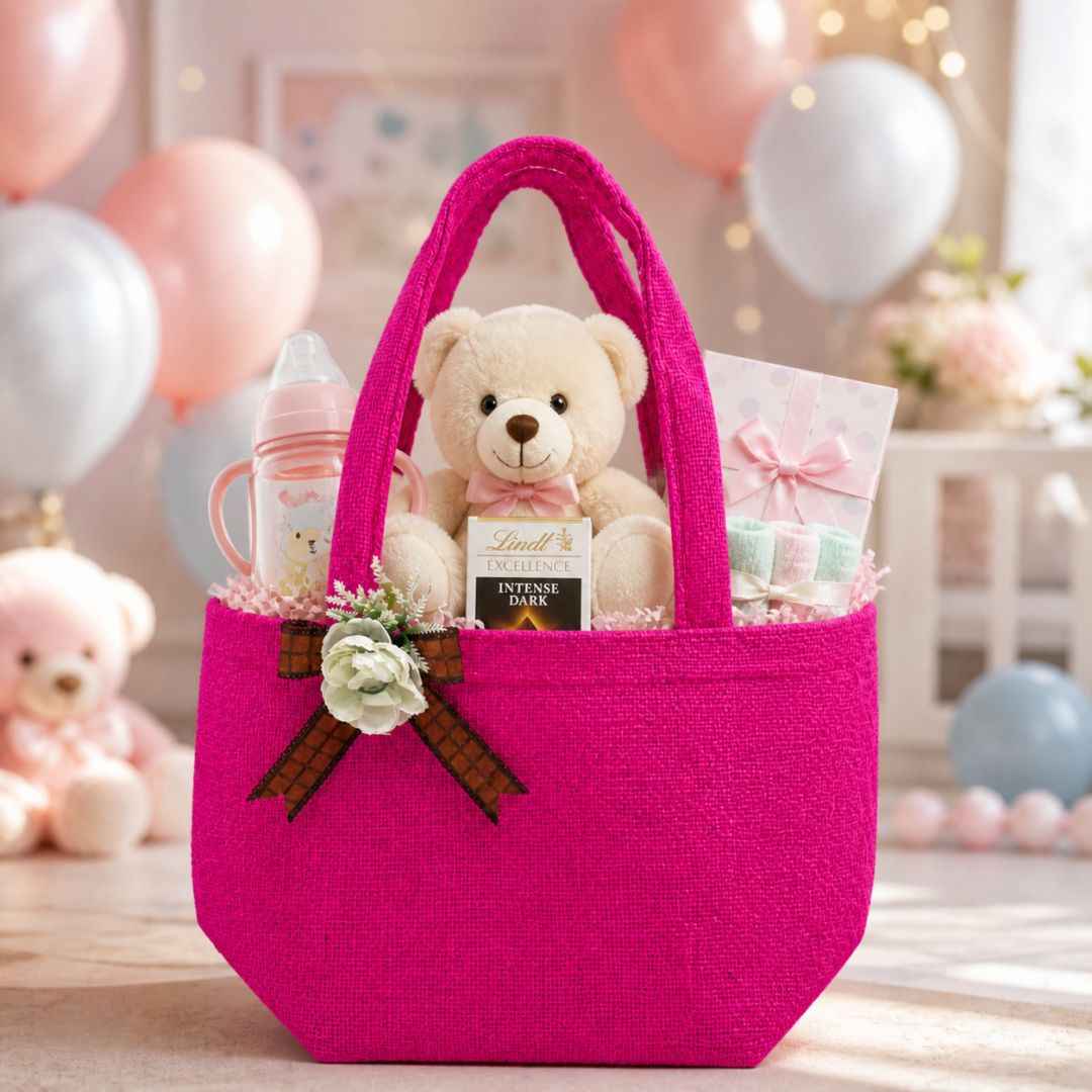 (Set of 5)Premium Pink Jute Gift Bags  with Floral Bow – 11 x 15 Inches