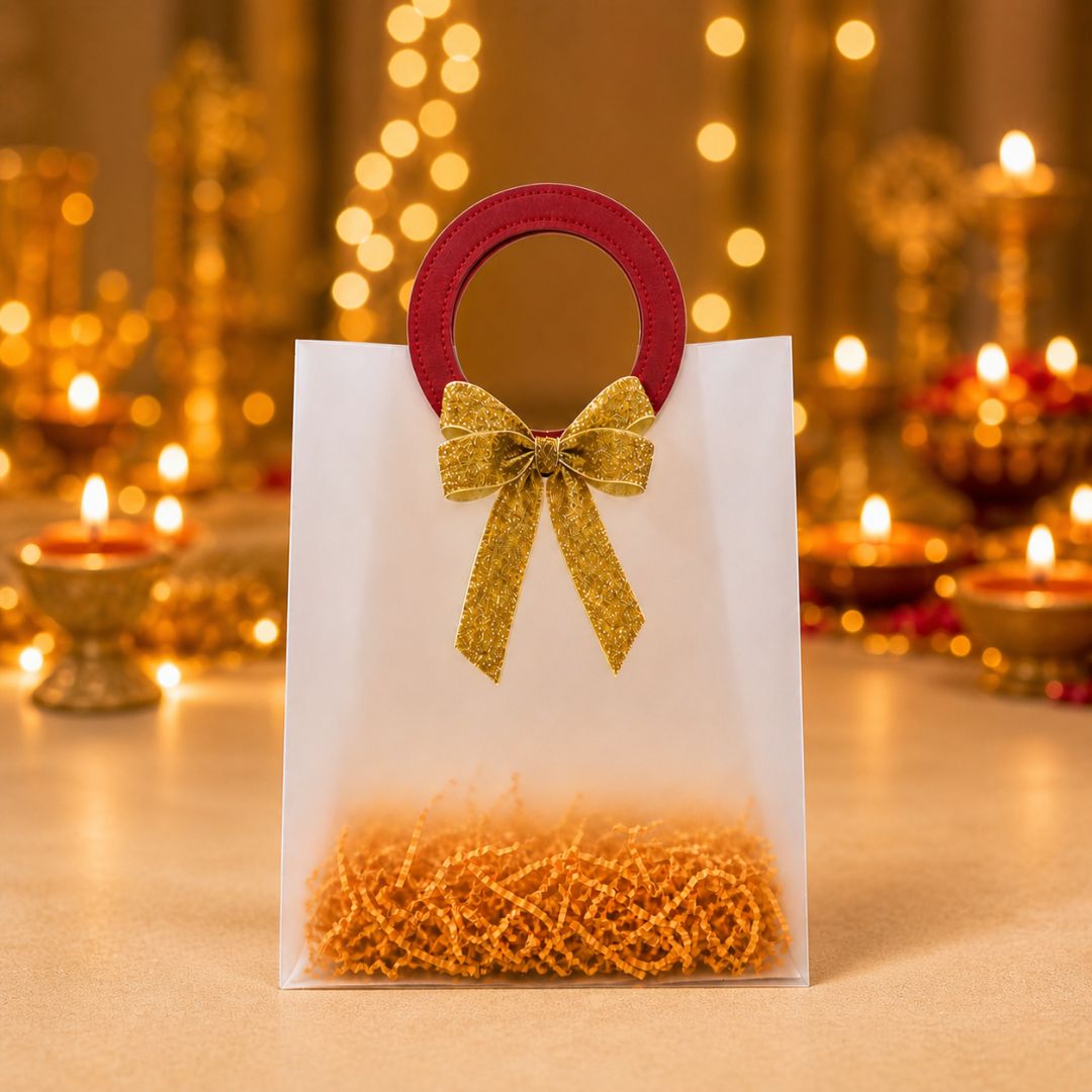 (Set of 5)Premium Frosted Gift Bags with Designer Ring Handle & Golden Bow –(7 x 10 Inch)