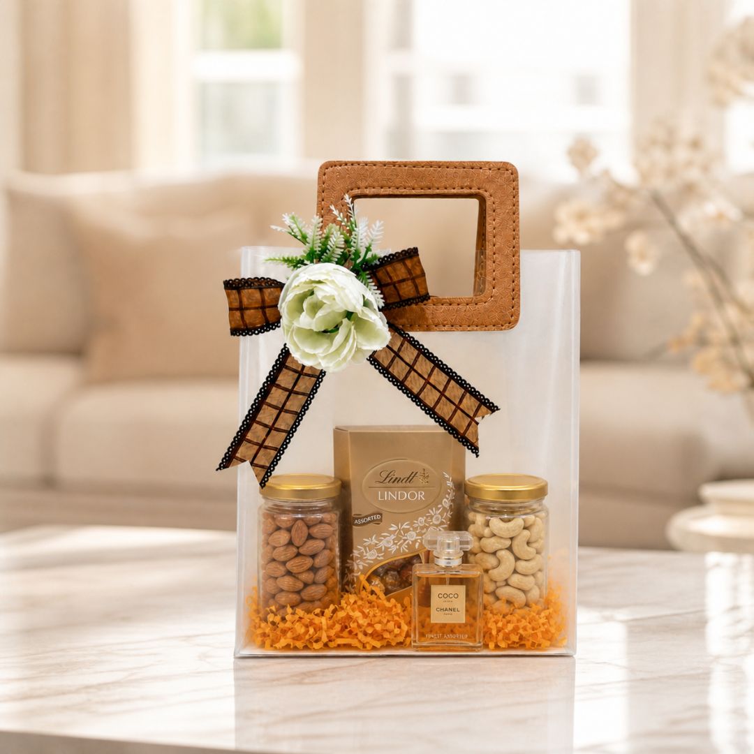 (Set of 5)Premium Frosted Gift Bag with Wooden Handle & Floral Bow – (6.5 x 9 Inches)
