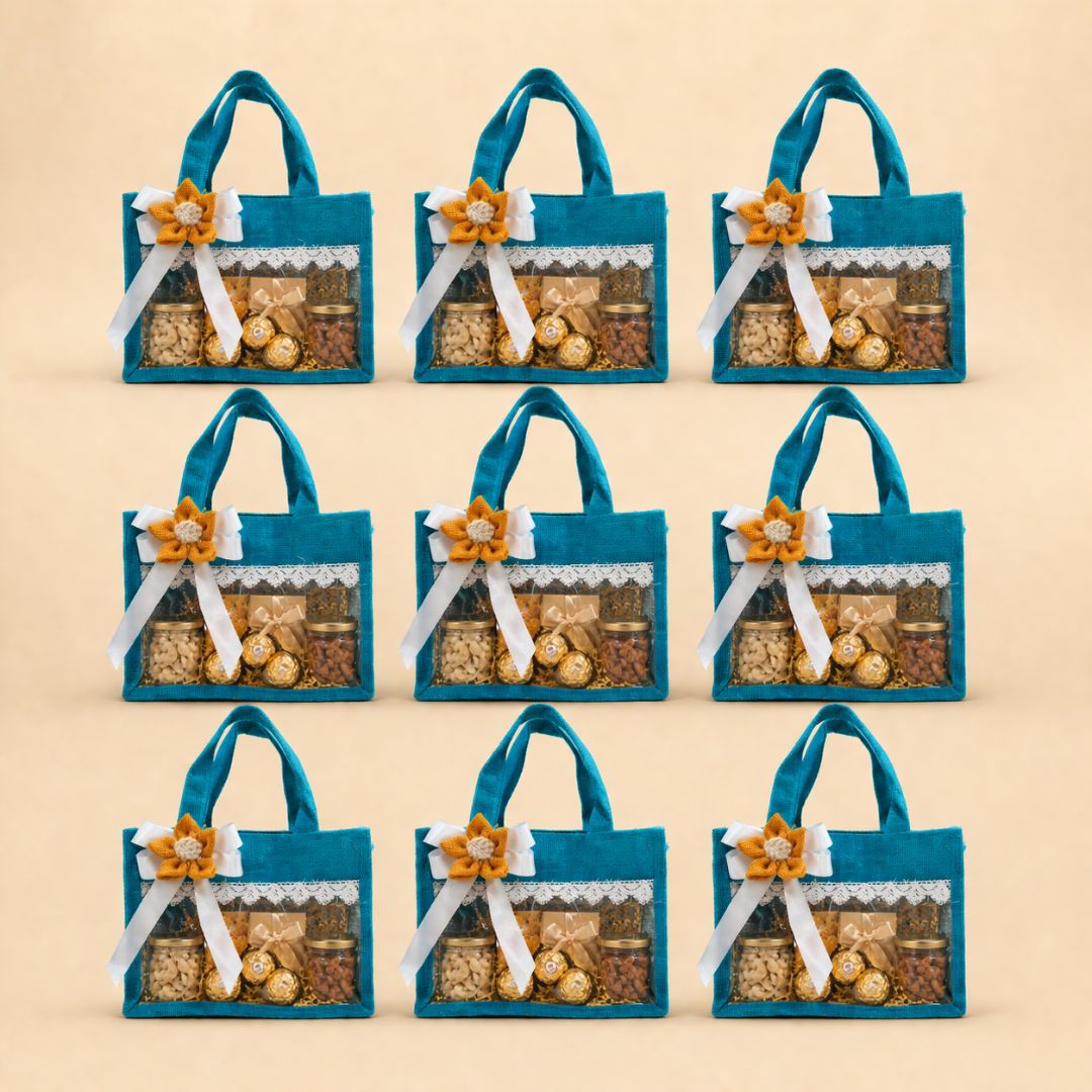 (Set of 5)Premium Teal Jute Gift Basket with Transparent Window & Lace Decor| 8 x 10 Inch Sizes)