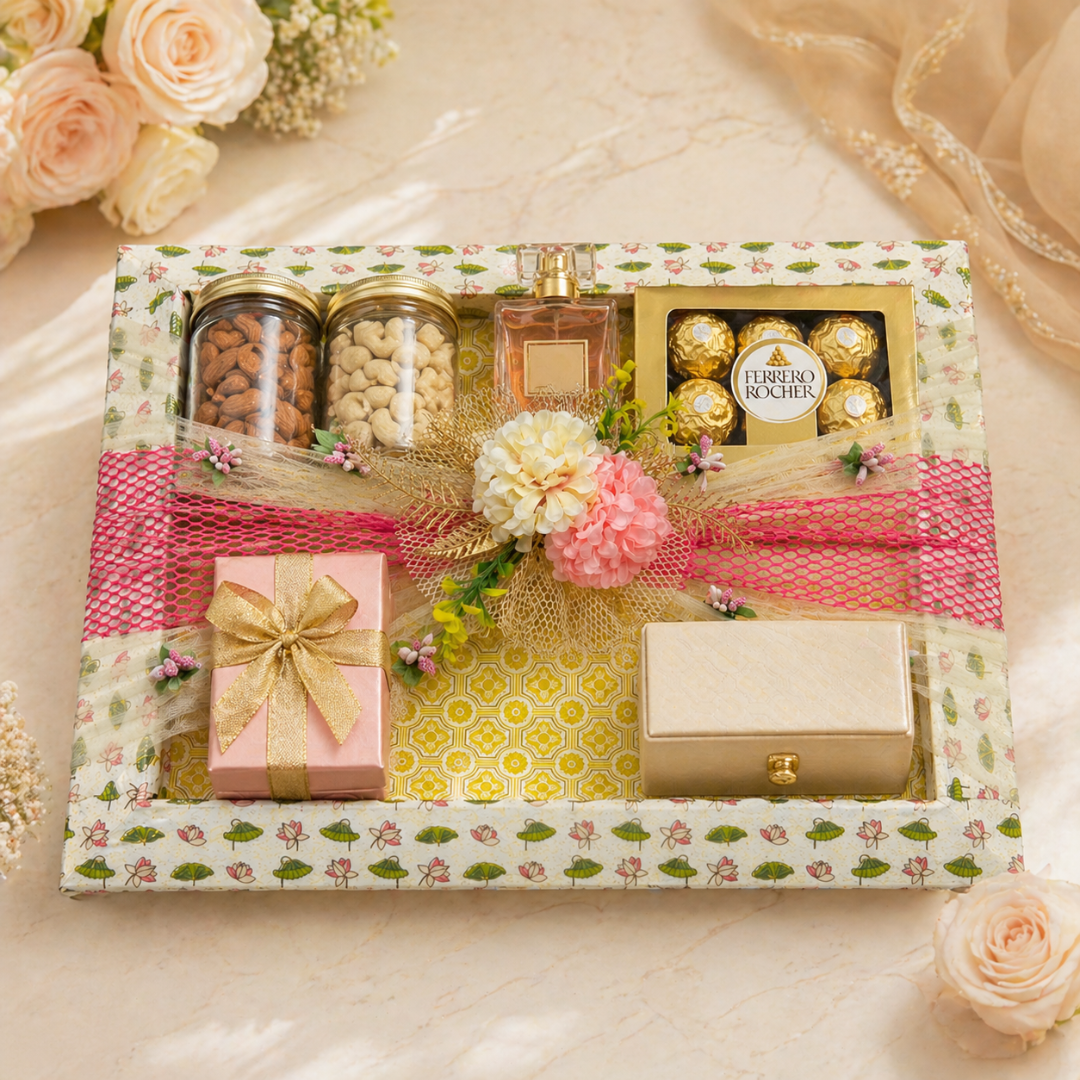 (Set of 3)Premium Floral Net Decorative Tray (18 x 14 Inch) – Yellow & Pink Wedding Hamper Tray