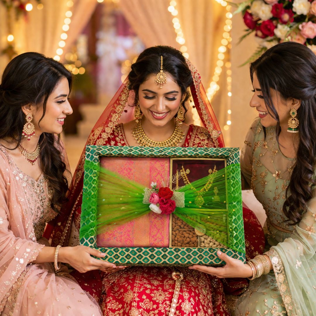 (Set of 3)Premium Green Net Decorative Gift Tray – Floral Center Design | 21 x 16 Inches