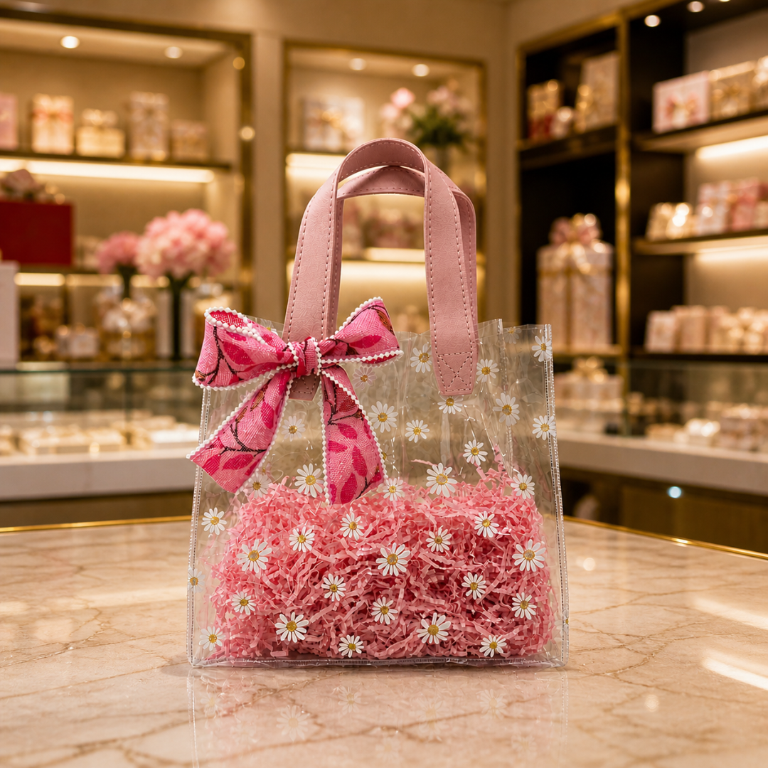 (Set of 5)Premium Transparent Floral Gift Bag with Bow Handle – (10 x 14 Inch)