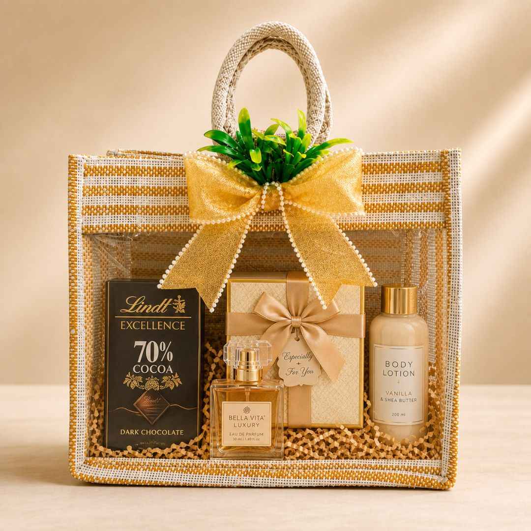 (Set of 5)Premium Jute Transparent Gift Bag with Golden Bow & Handle (12 x 14 Inch)