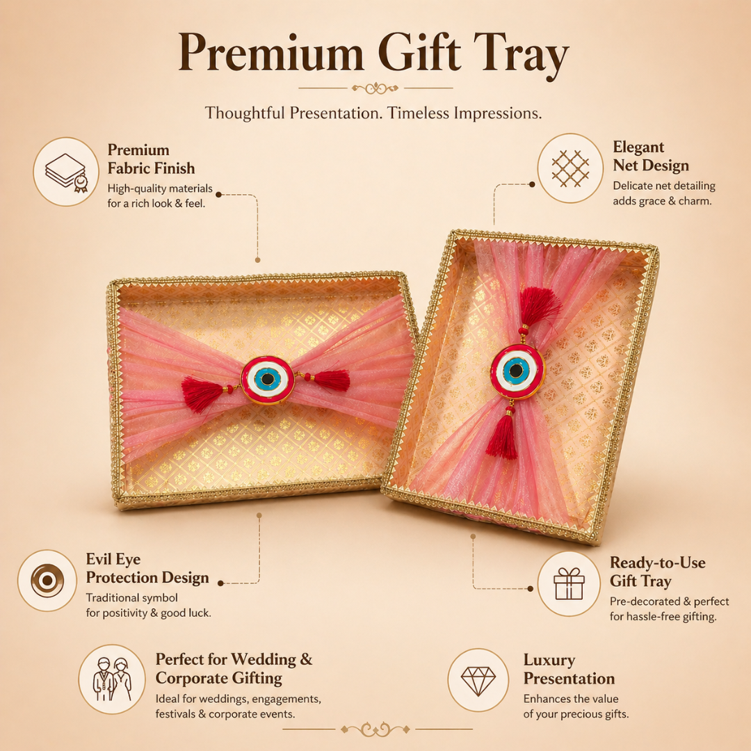 (Set of 2)Premium Evil Eye Net Gift Tray (16x12 & 14x10 Inch) – Pink Fabric Finish with Tassel Decor - Adscraft.in