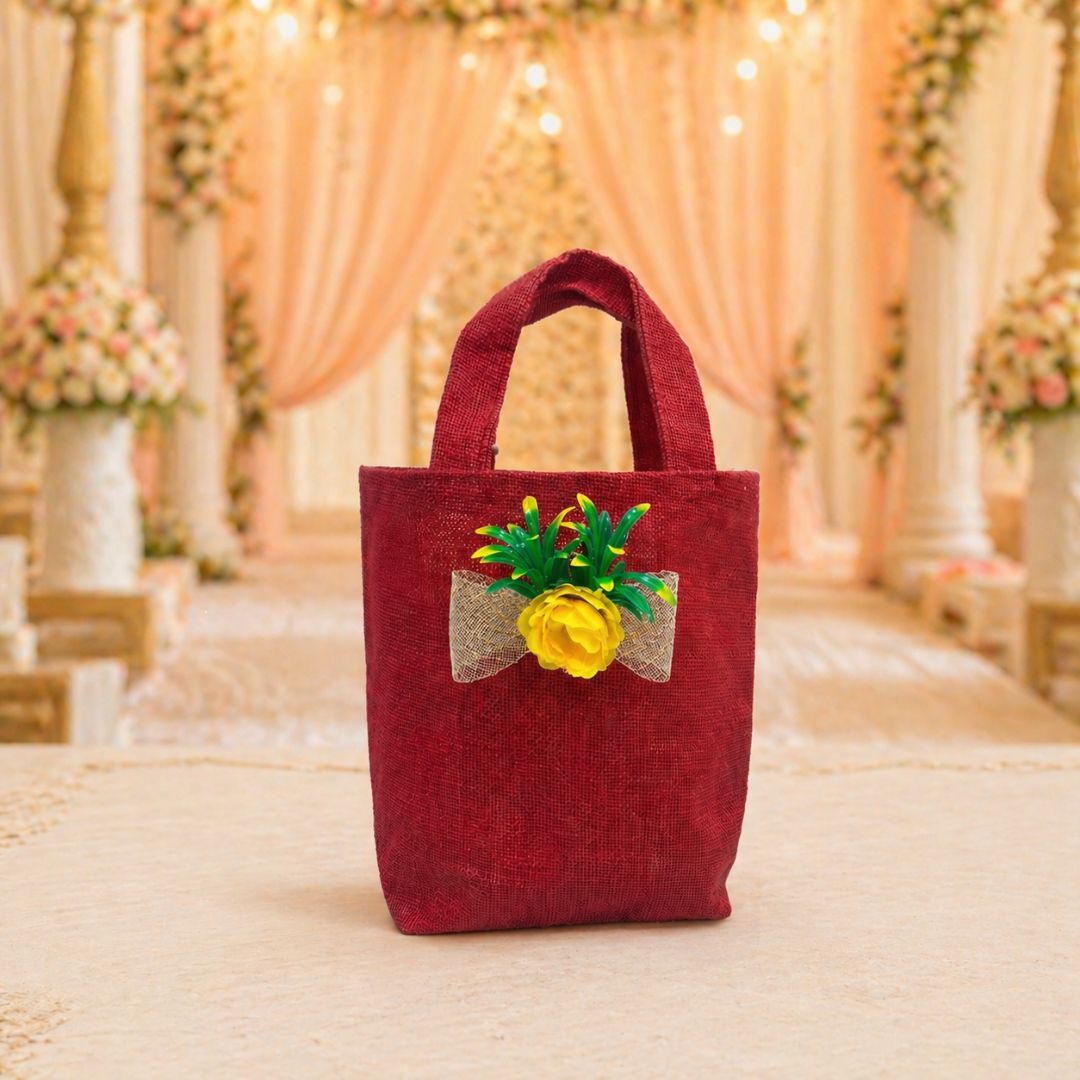 (Set of 5)Premium Red Jute Gift Bag with Floral Bow – Reusable Hamper Bag