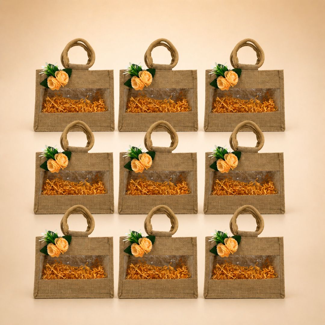 (Set of 5)Premium Jute Gift Basket with Transparent Window & Floral Accent – 11 x 13 Inch
