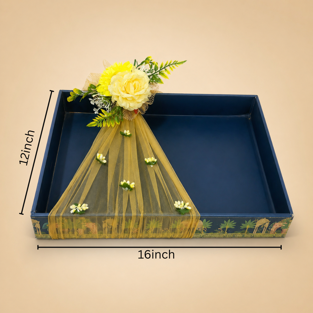 (Set of 3)Premium Navy Blue Ready-to-Use Gift Tray with Yellow Net & Floral Decor (16 x 12 Inch) - Adscraft.in