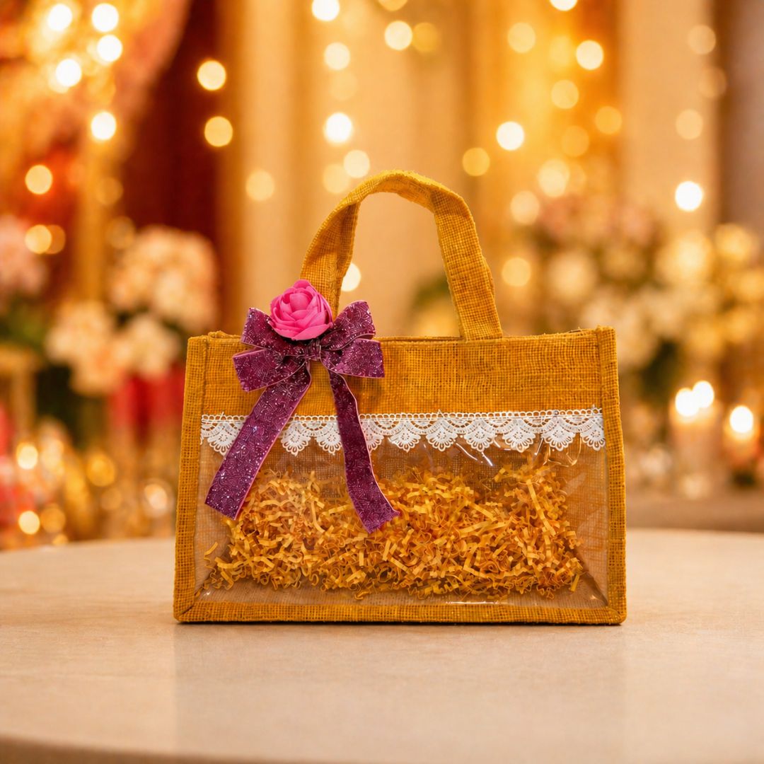 (Set of 5)Premium Jute Transparent Gift Bags with Lace & Floral Bow – 10 x 14 Inch Sizes