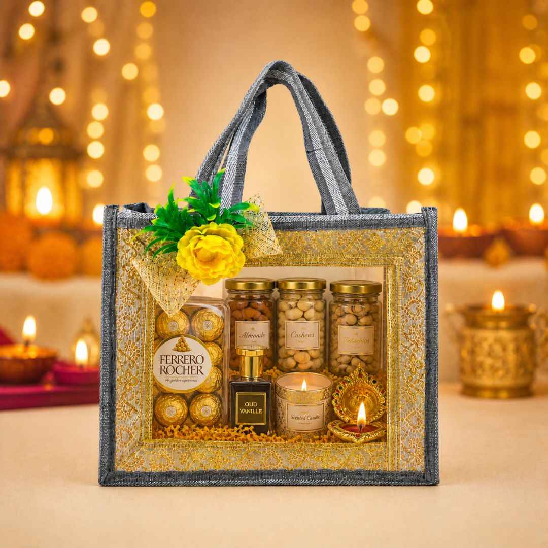 (Set of 5)Premium Grey Transparent Jute Gift Bag with Golden Lace Frame & Floral Decoration (10 x 14 Inches)