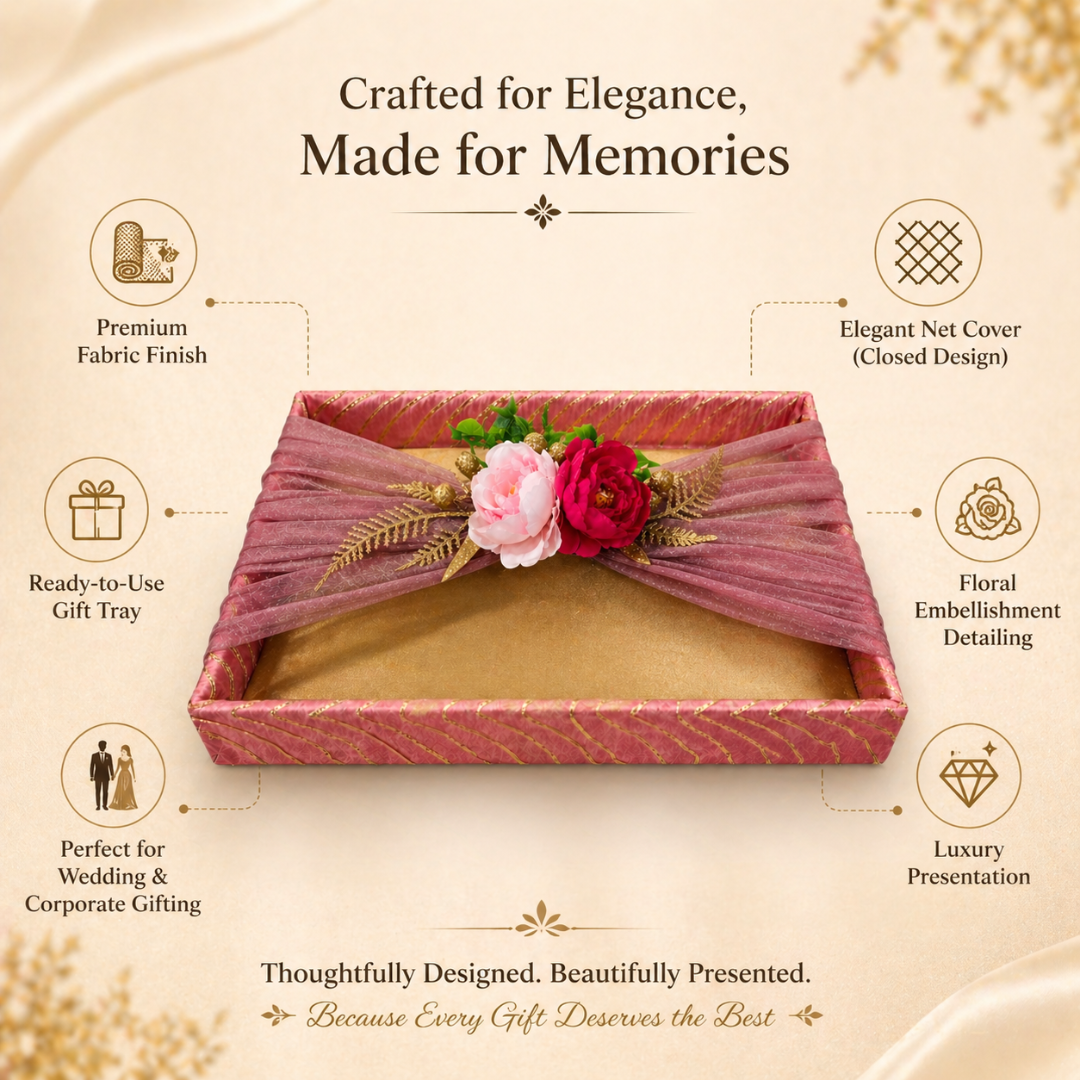 (Set of 2)Premium Pink & Gold Floral Net Gift Tray Set – Decorative Wedding Trousseau Trays - Adscraft.in