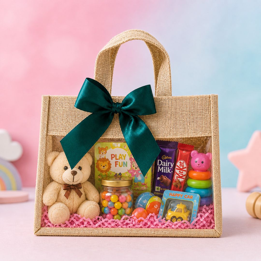 (Set of 5)Premium Jute Gift Bags with Transparent Window & Satin Bow – (12 x 12 Inch)