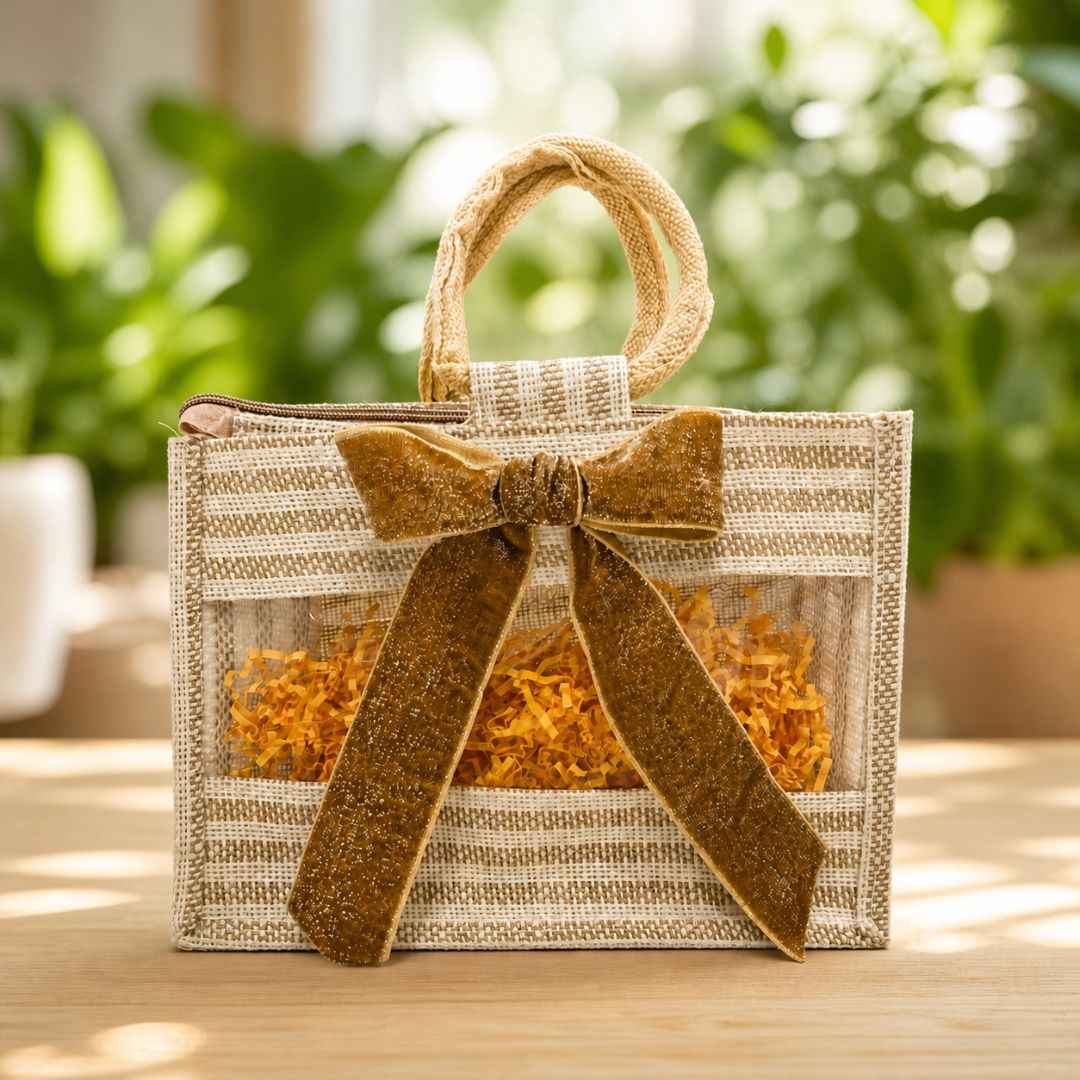 (Set of 5)Premium Jute Gift Bags with Transparent Window & Golden Bow – 12 x 15 Inches