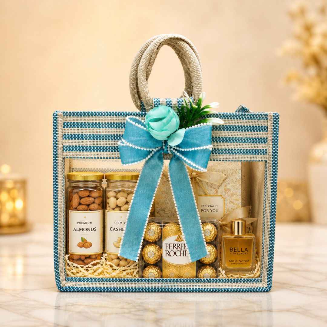 (Set of 5)Premium Blue Striped Jute Gift Bag with Transparent Window & Floral Bow –  (12 x 14 Inches)