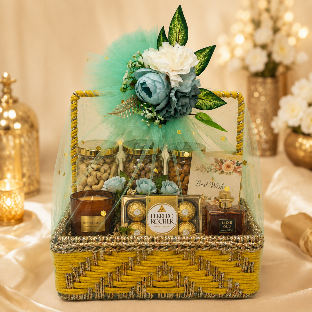 (Set of 3 )Premium Yellow Handwoven Trousseau Basket Set with Mint Net Decor –