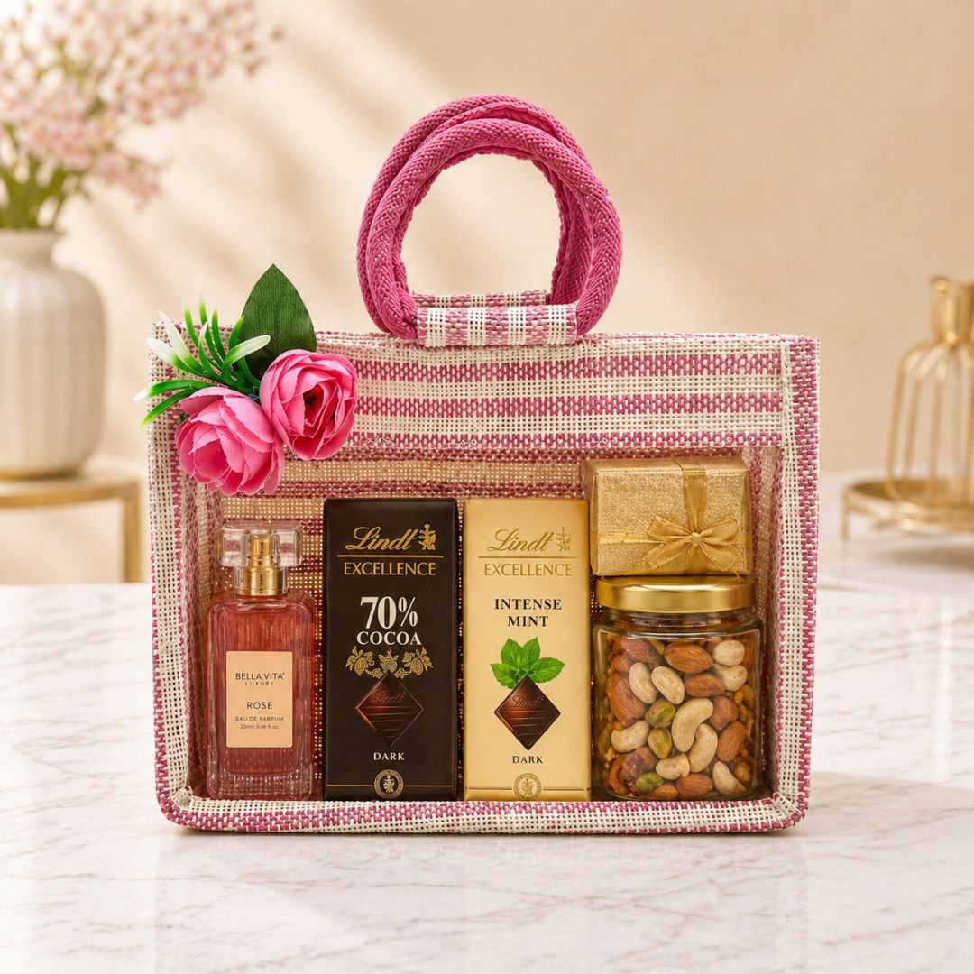 (Set of 5) Premium Pink Jute Gift Bags with Floral Decoration & Handle (11 x 12 Inch) – Wedding Return Gift & Hamper Packaging