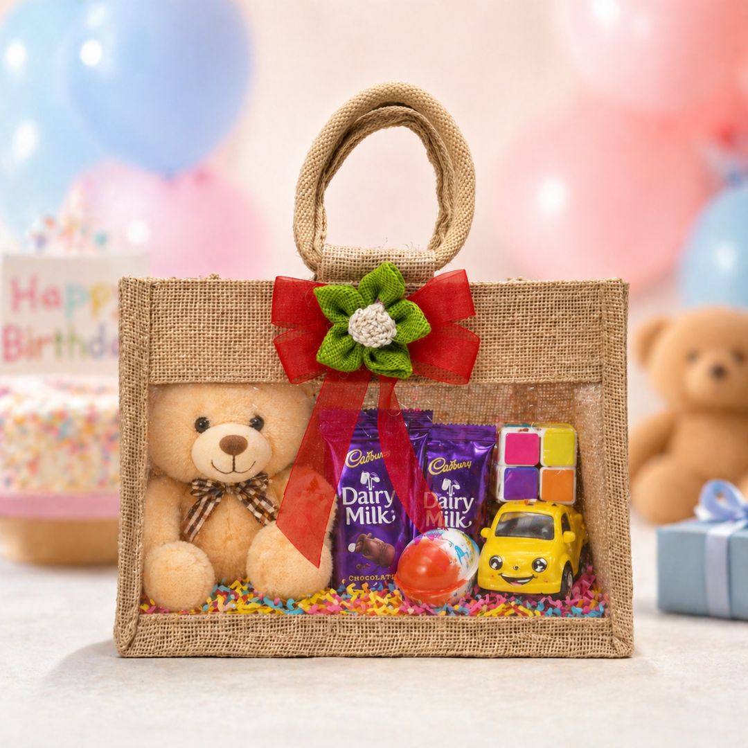 (Set of 5)Premium Jute Window Gift Basket with Handle & Floral Ribbon – 10 x 8 Inches