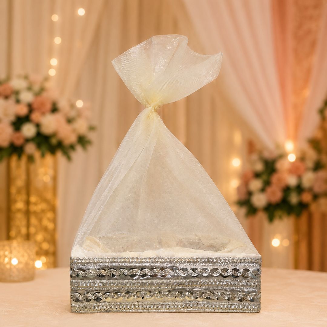 Cream organza potli basket set of 3 by Adscraft.in – premium reusable gifting packaging from India
