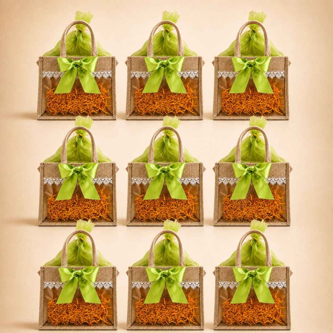 (Set of 5)Premium Jute Gift bags with Transparent Window & Green Bow – 12 x 15 Inches
