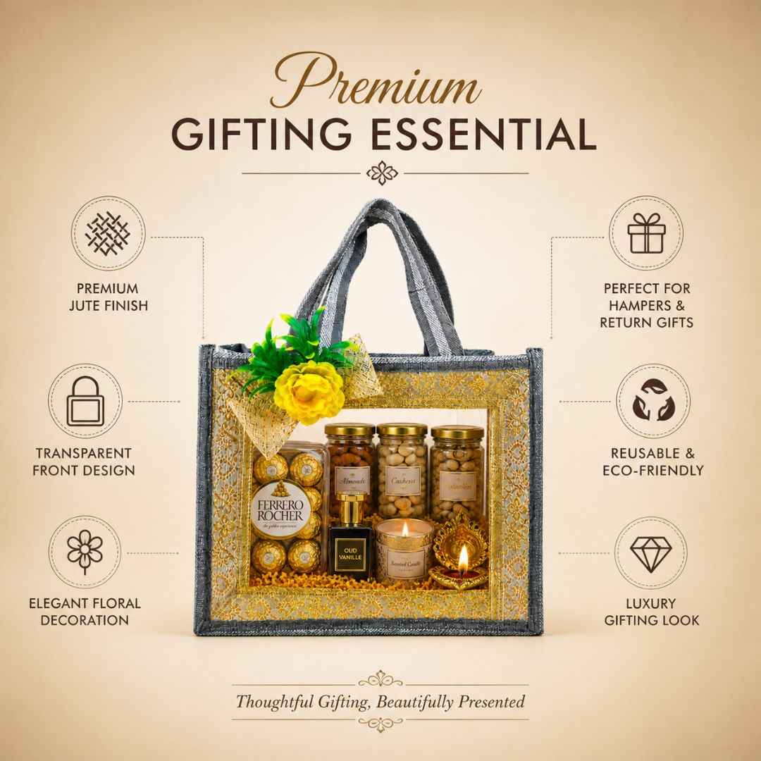 (Set of 5)Premium Grey Transparent Jute Gift Bag with Golden Lace Frame & Floral Decoration (10 x 14 Inches)