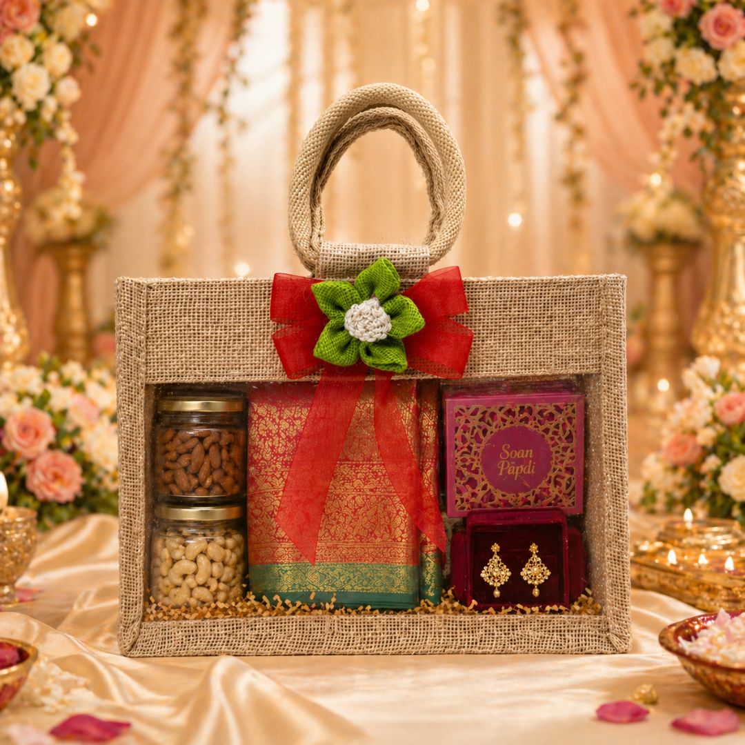 (Set of 5)Premium Jute Window Gift Basket with Handle & Floral Ribbon – 10 x 8 Inches