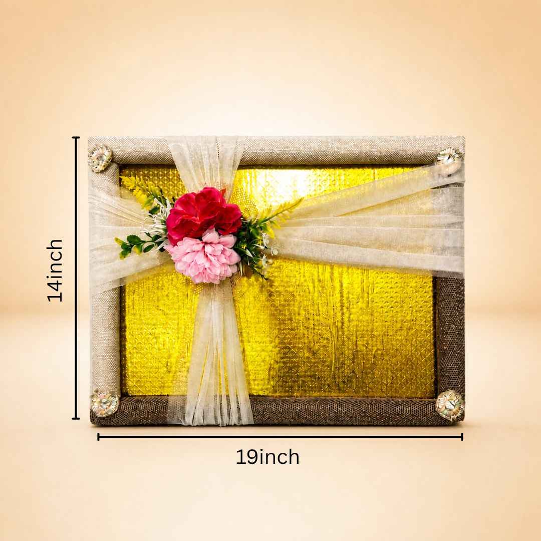 (Set of 3)Luxury Golden Ready-to-Use Trousseau Tray with Floral Net Decor – 19 x 14 Inches