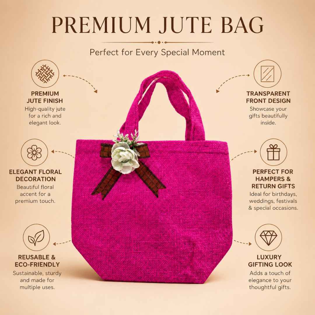 (Set of 5)Premium Pink Jute Gift Bags  with Floral Bow – 11 x 15 Inches